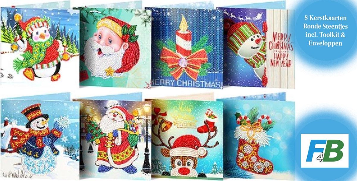   Diamond Painting 8-Delig Kerstkaarten 15x15cm | Ronde Steentjes | Met Enveloppen | Kerstmis | Kaartenset | Cards | Merry Christmas | Kinderen | Pakket Volwassenen en Kinderen